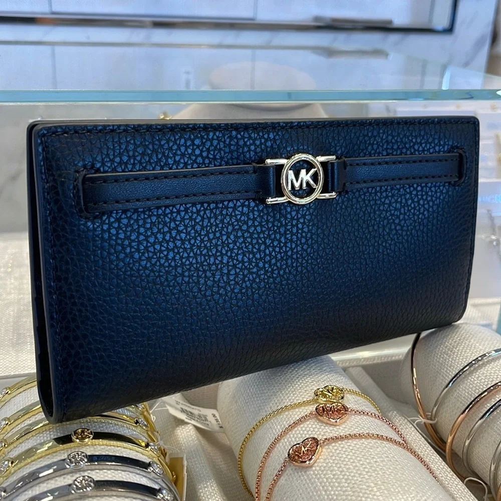 Michael Kors Reed Large Bifold Pebbled Leather Snap Wallet Card Case  Black  NWT